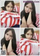 A collage of photos of a young woman laying in bed.