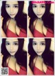 A collage of photos of a woman in a red bra.