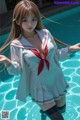 A woman in a white and red sailor outfit standing in a pool.