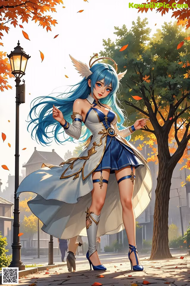 A woman in a blue dress is walking down the street.