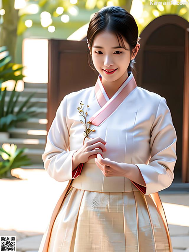 A woman in a white and pink hanbok holding a flower.