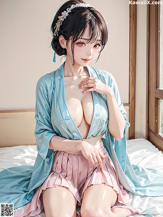 A woman in a blue kimono sitting on a bed.