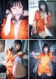 A woman in an orange jumpsuit is posing for a picture.